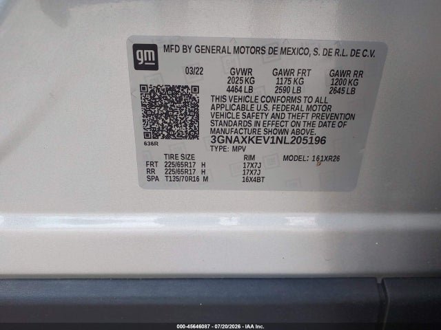45646087 :رقم المزاد ، 3GNAXKEV1NL205196 vin ، 2022 Chevrolet Equinox Fwd Lt مزاد بيع