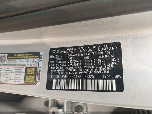 45646101 :رقم المزاد ، KM8J33A4XKU050295 vin ، 2019 Hyundai Tucson Value مزاد بيع