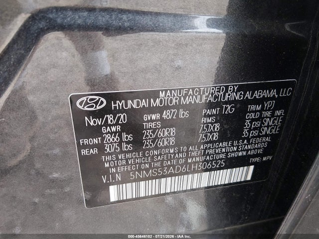 Продаж на аукціоні авто 2020 Hyundai Santa Fe Limited, vin: 5NMS53AD6LH306525, номер лоту: 45646102