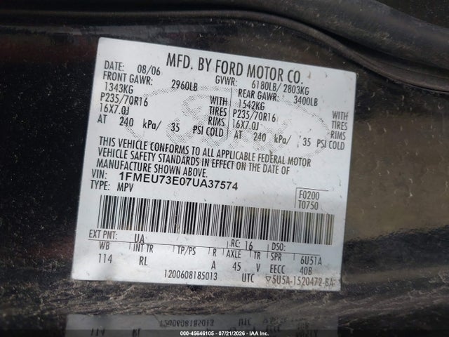 Aukcja sprzedaży 2007 Ford Explorer Xlt, vin: 1FMEU73E07UA37574, numer aukcji: 45646105