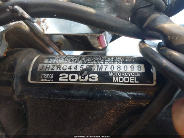 2003 Honda Vt750 Dcb მანქანა იყიდება აუქციონზე, vin: JH2RC44593M708098, აუქციონის ნომერი: 45646119
