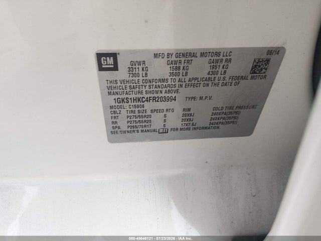 1GKS1HKC4FR203994 GMC Yukon Xl 1500 Slt
