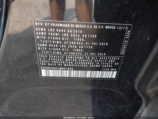 Продажа на аукционе авто 2018 Volkswagen Tiguan 2.0t S, vin: 3VV0B7AX2JM091089, номер лота: 45646122