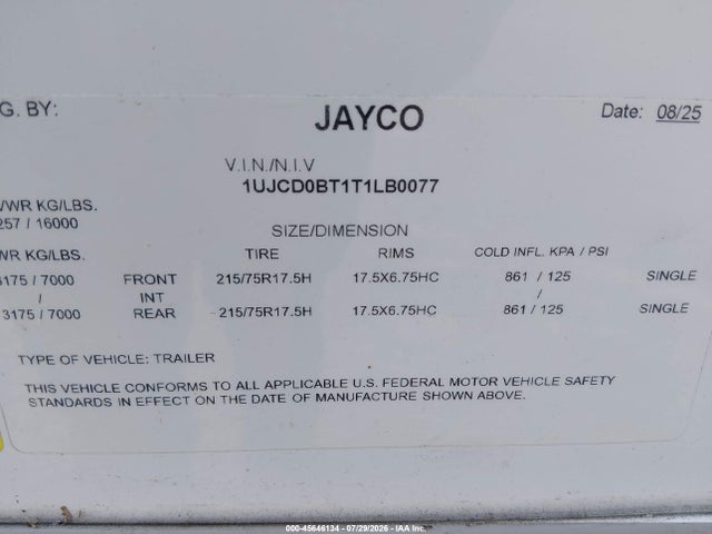 Продаж на аукціоні авто 2026 Jayco Northpoint 310rlts 5th Whl Travel Trailer, vin: 1UJCD0BT1T1LB0077, номер лоту: 45646134