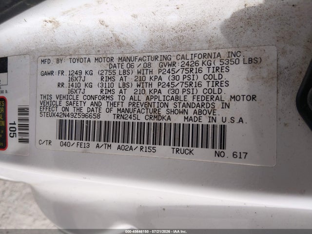 Aukcja sprzedaży 2009 Toyota Tacoma, vin: 5TEUX42N49Z596658, numer aukcji: 45646150