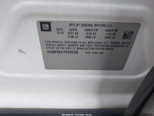 2015 Buick Lacrosse Premium Ii მანქანა იყიდება აუქციონზე, vin: 1G4GF5G31FF203765, აუქციონის ნომერი: 45646154