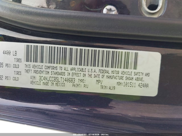 45646161 :رقم المزاد ، 3C4NJCCB5LT140683 vin ، 2020 Jeep Compass Limited Fwd مزاد بيع
