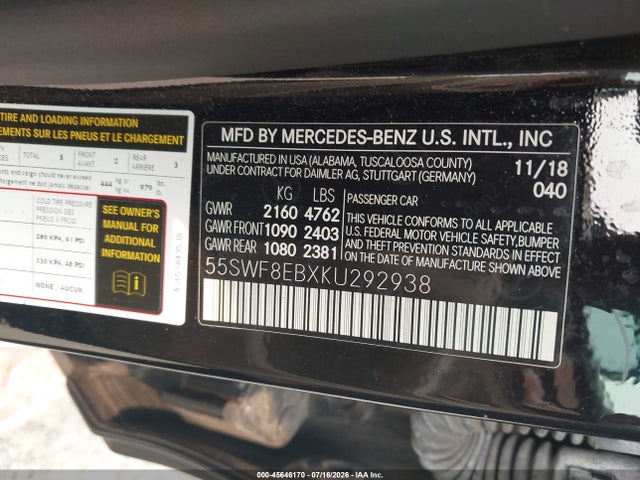 Aukcja sprzedaży 2019 Mercedes-benz C 300 4matic, vin: 55SWF8EBXKU292938, numer aukcji: 45646170