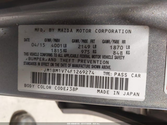 2015 Mazda Mazda3 I Touring მანქანა იყიდება აუქციონზე, vin: JM1BM1V74F1269274, აუქციონის ნომერი: 45646185