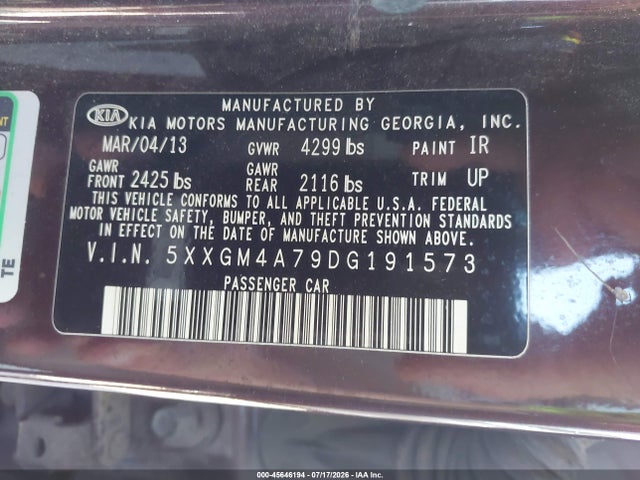 2013 Kia Optima Lx მანქანა იყიდება აუქციონზე, vin: 5XXGM4A79DG191573, აუქციონის ნომერი: 45646194