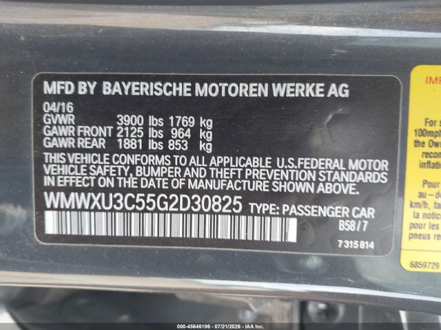 Aukcja sprzedaży 2016 Mini Hardtop Cooper S, vin: WMWXU3C55G2D30825, numer aukcji: 45646196