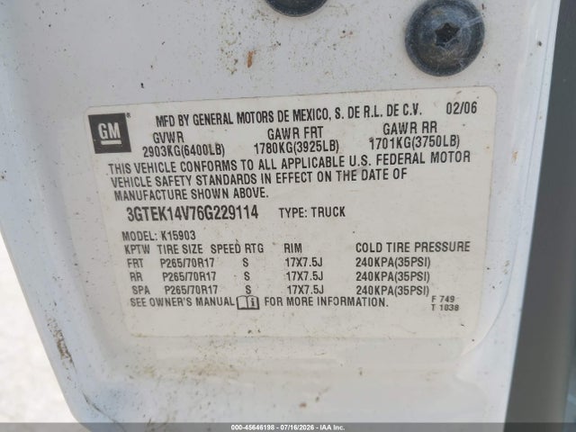 45646198 :رقم المزاد ، 3GTEK14V76G229114 vin ، 2006 Gmc Sierra 1500 Work Truck مزاد بيع