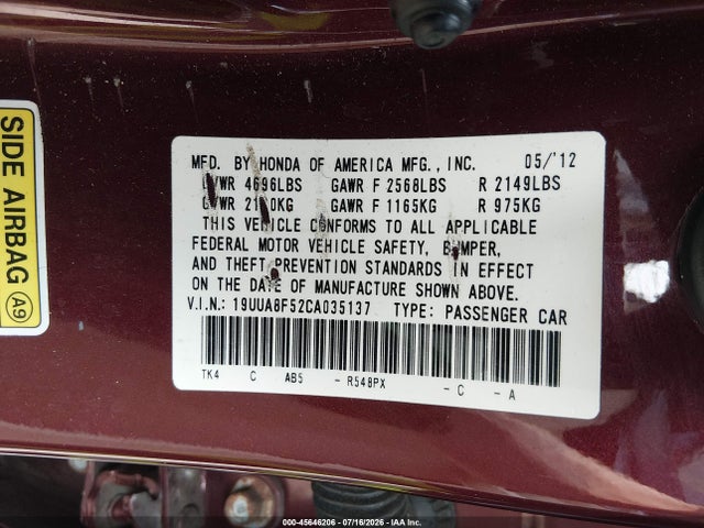 Aukcja sprzedaży 2012 Acura Tl 3.5, vin: 19UUA8F52CA035137, numer aukcji: 45646206