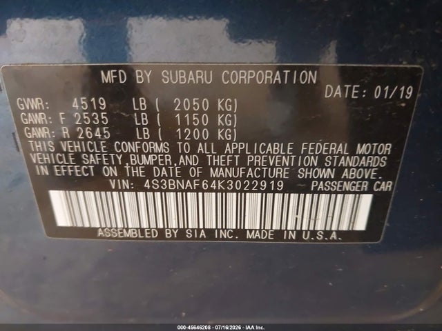 45646208 :رقم المزاد ، 4S3BNAF64K3022919 vin ، 2019 Subaru Legacy 2.5i Premium مزاد بيع