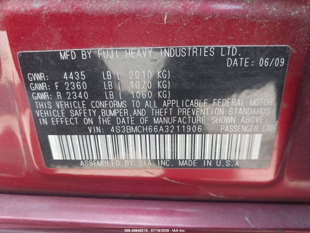 45646218 :رقم المزاد ، 4S3BMCH66A3211906 vin ، 2010 Subaru Legacy 2.5i Premium مزاد بيع