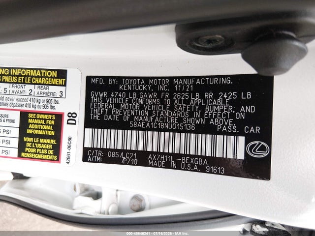 Продаж на аукціоні авто 2022 Lexus Es 300h Luxury, vin: 58AEA1C18NU015136, номер лоту: 45646241