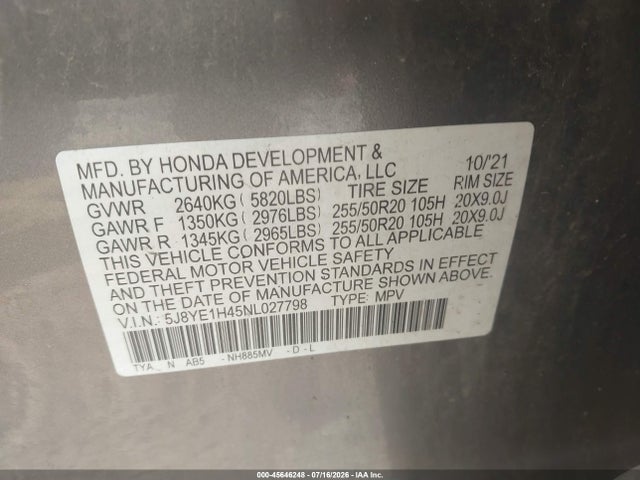 2022 Acura Mdx Technology Package მანქანა იყიდება აუქციონზე, vin: 5J8YE1H45NL027798, აუქციონის ნომერი: 45646248