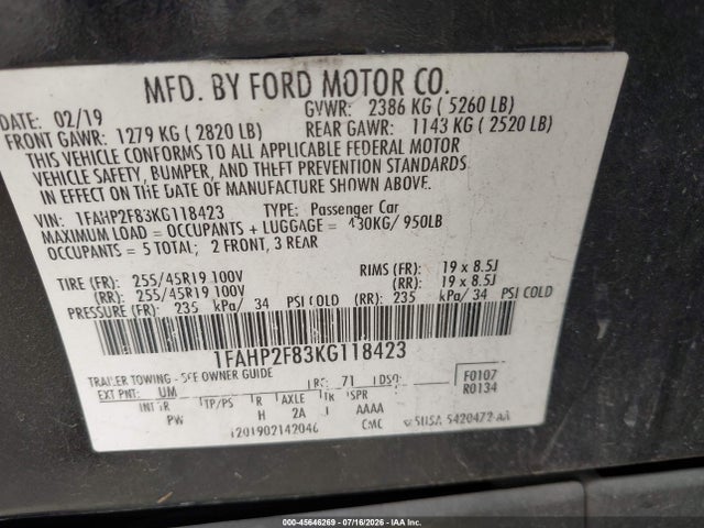 2019 Ford Taurus Limited მანქანა იყიდება აუქციონზე, vin: 1FAHP2F83KG118423, აუქციონის ნომერი: 45646269