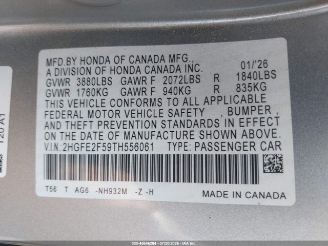 Honda Civic Sport 2026 2HGFE2F59TH556061 Image 9