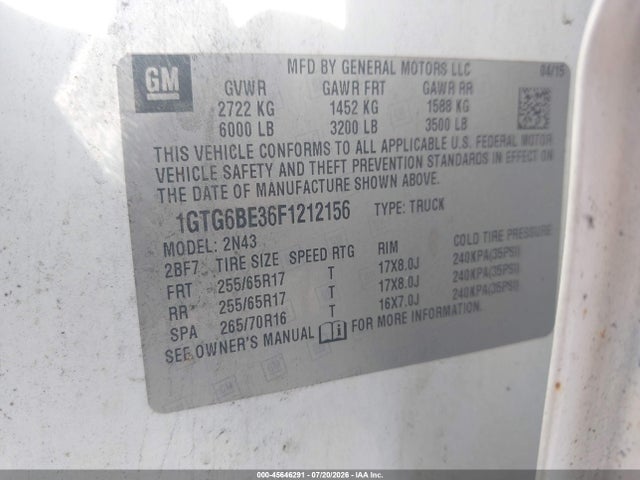 Продаж на аукціоні авто 2015 Gmc Canyon 4wd Sle, vin: 1GTG6BE36F1212156, номер лоту: 45646291