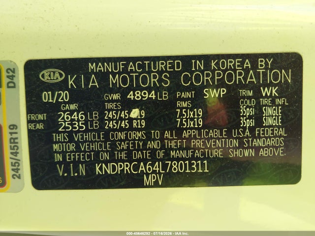 Aukcja sprzedaży 2020 Kia Sportage Sx Turbo, vin: KNDPRCA64L7801311, numer aukcji: 45646292