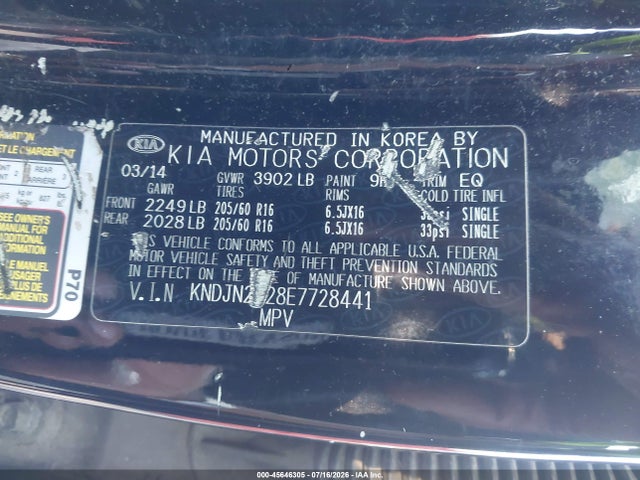 45646305 :رقم المزاد ، KNDJN2A28E7728441 vin ، 2014 Kia Soul مزاد بيع