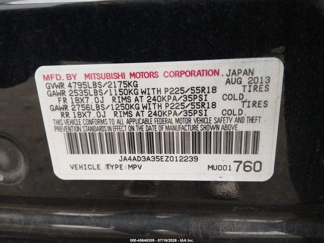 2014 Mitsubishi Outlander Se მანქანა იყიდება აუქციონზე, vin: JA4AD3A35EZ012239, აუქციონის ნომერი: 45646309