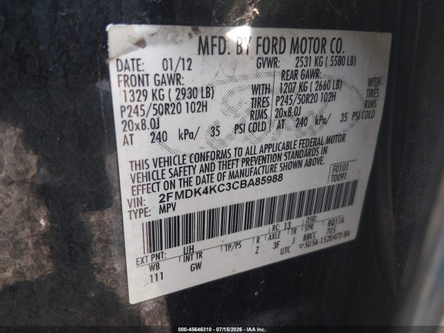 Продажа на аукционе авто 2012 Ford Edge Limited, vin: 2FMDK4KC3CBA85988, номер лота: 45646310
