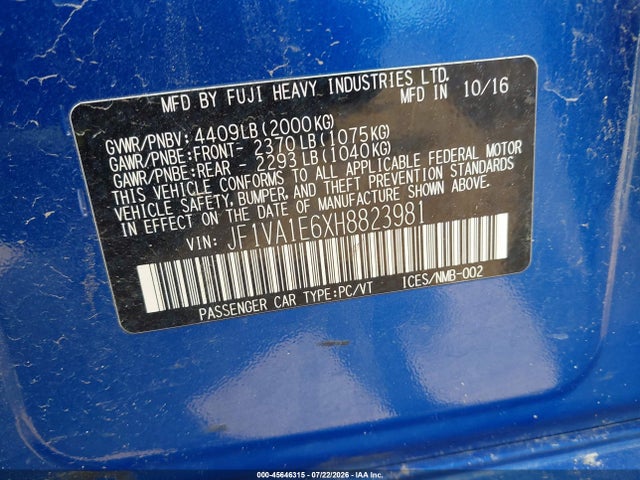 45646315 :رقم المزاد ، JF1VA1E6XH8823981 vin ، 2017 Subaru Wrx Premium مزاد بيع