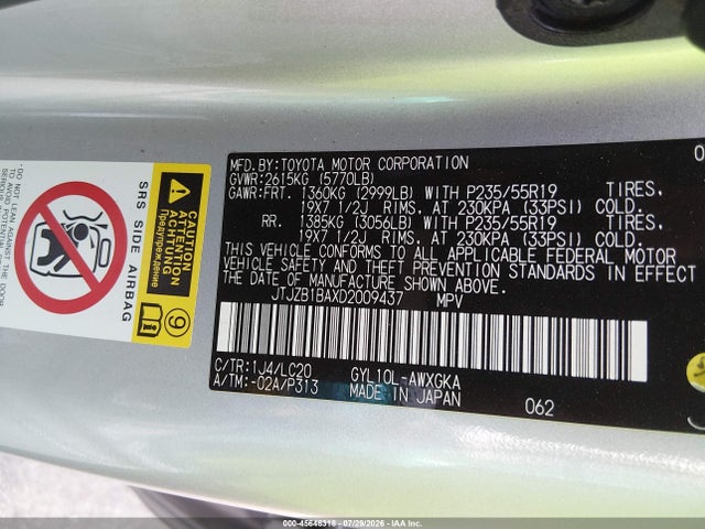 45646318 :رقم المزاد ، JTJZB1BAXD2009437 vin ، 2013 Lexus Rx 450h مزاد بيع