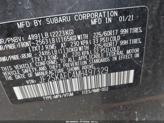 Продажа на аукционе авто 2021 Subaru Forester Premium, vin: JF2SKAFC4MH497329, номер лота: 45646320