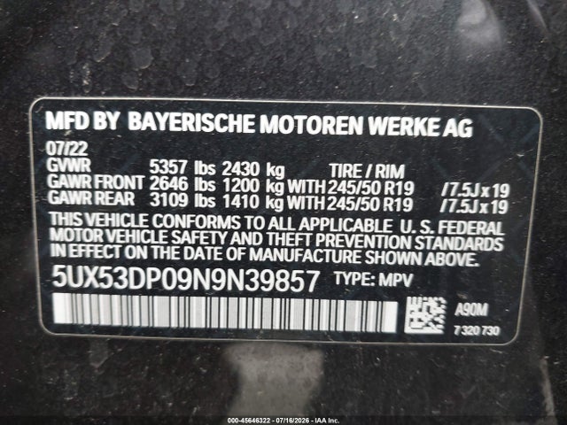 Aukcja sprzedaży 2022 Bmw X3 Xdrive30i, vin: 5UX53DP09N9N39857, numer aukcji: 45646322