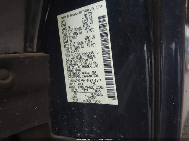Aukcja sprzedaży 2009 Nissan Titan Se, vin: 1N6BA06C69N307371, numer aukcji: 45646327
