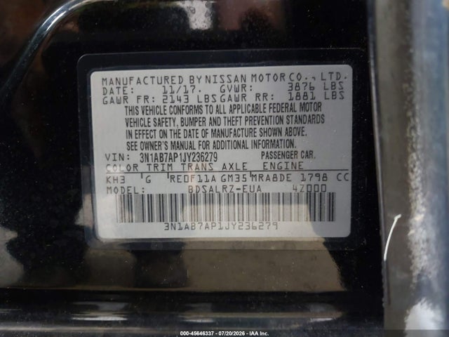 45646337 :رقم المزاد ، 3N1AB7AP1JY236279 vin ، 2018 Nissan Sentra Sr مزاد بيع