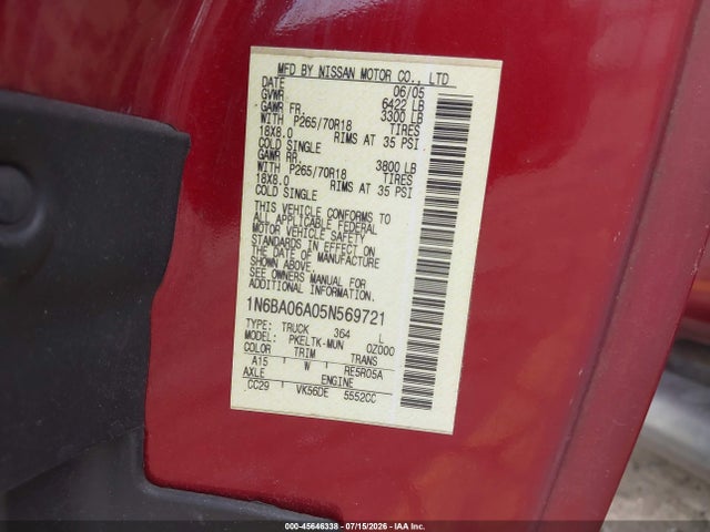 Продаж на аукціоні авто 2005 Nissan Titan Se, vin: 1N6BA06A05N569721, номер лоту: 45646338
