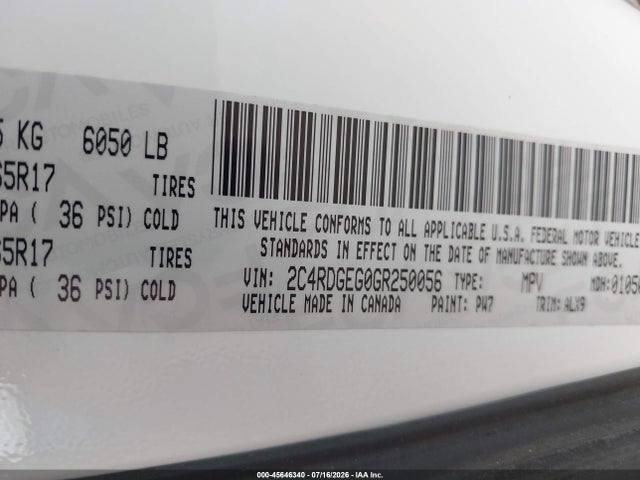 Aukcja sprzedaży 2016 Dodge Grand Caravan R/t, vin: 2C4RDGEG0GR250056, numer aukcji: 45646340