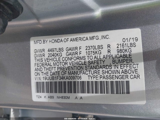 45646350 :رقم المزاد ، 19UUB1F34KA009706 vin ، 2019 Acura Tlx Standard مزاد بيع