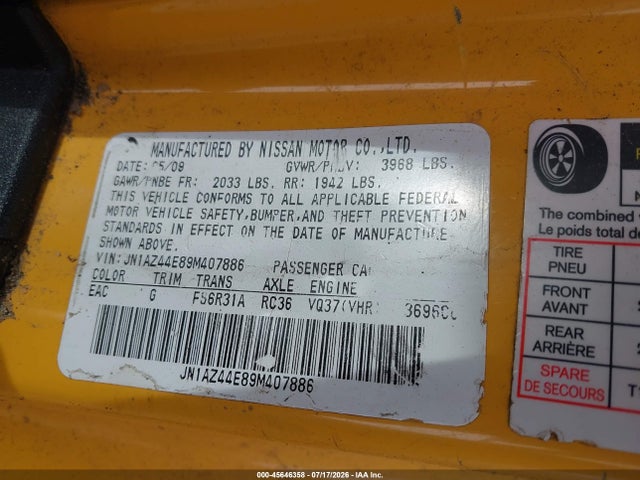 Продажа на аукционе авто 2009 Nissan 370z, vin: JN1AZ44E89M407886, номер лота: 45646358