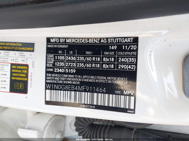 Продажа на аукционе авто 2021 Mercedes-benz Glc 300 4matic Suv, vin: W1N0G8EB4MF911464, номер лота: 45646368