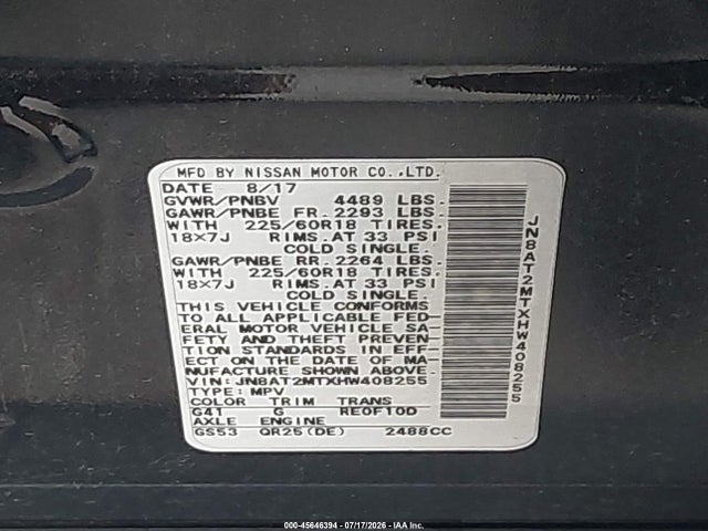 2017 Nissan Rogue Sl მანქანა იყიდება აუქციონზე, vin: JN8AT2MTXHW408255, აუქციონის ნომერი: 45646394
