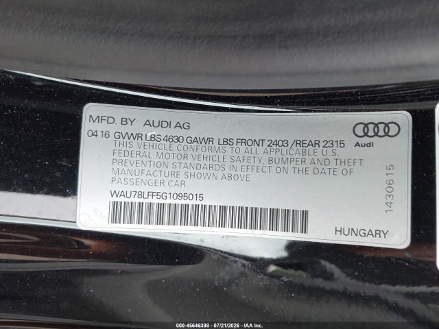 Продаж на аукціоні авто 2016 Audi A3 2.0t Premium, vin: WAU78LFF5G1095015, номер лоту: 45646398