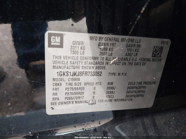 45646402 :رقم المزاد ، 1GKS1JKJ8FR733052 vin ، 2015 Gmc Yukon Xl 1500 Denali مزاد بيع