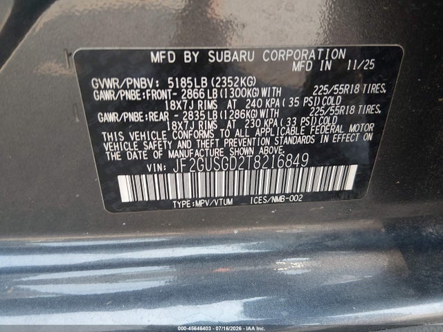 2026 Subaru Crosstrek Sport მანქანა იყიდება აუქციონზე, vin: JF2GUSGD2T8216849, აუქციონის ნომერი: 45646403