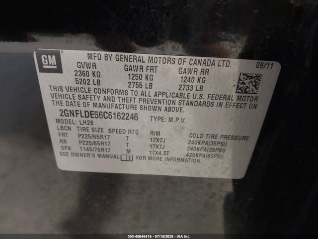 Продаж на аукціоні авто 2012 Chevrolet Equinox Lt W/1lt, vin: 2GNFLDE56C6162246, номер лоту: 45646416