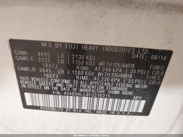 2015 Subaru Outback 2.5i Limited მანქანა იყიდება აუქციონზე, vin: 4S4BSALC4F3218315, აუქციონის ნომერი: 45646418