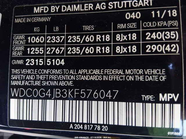 Aukcja sprzedaży 2019 Mercedes-benz Glc 300, vin: WDC0G4JB3KF576047, numer aukcji: 45646428