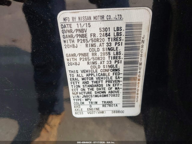 Продаж на аукціоні авто 2016 Infiniti Qx70, vin: JN8CS1MU4GM670832, номер лоту: 45646430