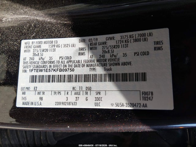 Продаж на аукціоні авто 2019 Ford F-150 Platinum, vin: 1FTEW1E57KFB09750, номер лоту: 45646438