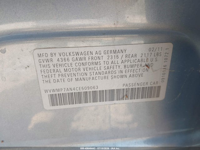 2012 Volkswagen Cc Sport მანქანა იყიდება აუქციონზე, vin: WVWMP7AN4CE509063, აუქციონის ნომერი: 45646443