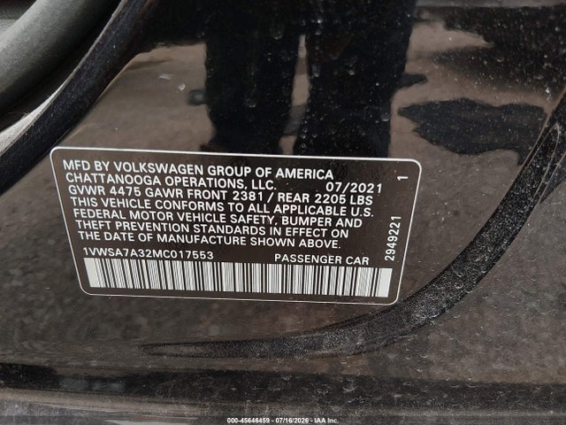 2021 Volkswagen Passat 2.0t Se მანქანა იყიდება აუქციონზე, vin: 1VWSA7A32MC017553, აუქციონის ნომერი: 45646459